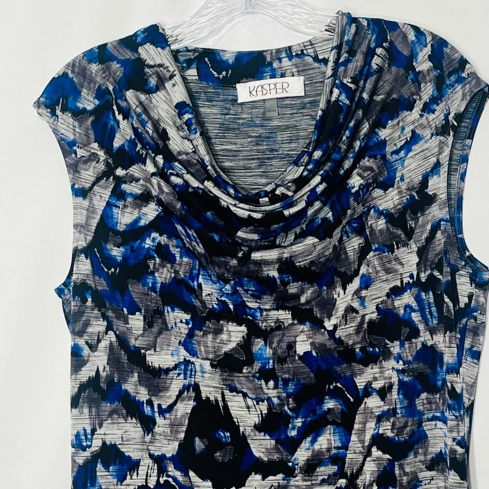 Kasper Sleeveless Cowl Neck Top Abstract Print‎ Blouse Blue Black Size S - Picture 3 of 7